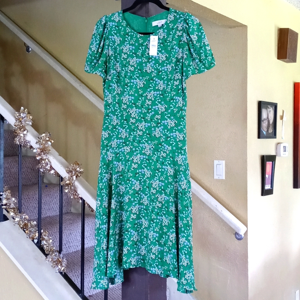 LOFT Green Dress w/Blue Floral Pattern Women's Size 2 NWT